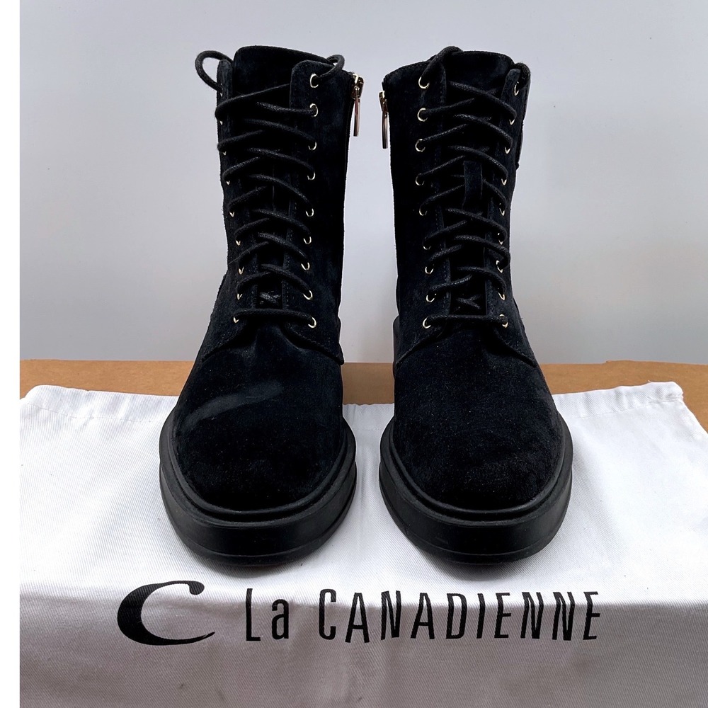 La Canadienne Black Suede Lace Up Combat Boots Side Zip Padded Collar Lug Sole